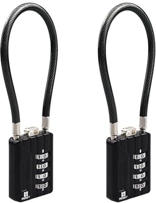 RESET-204 Cadenas à câble avec code à 4 chiffres, 18 cm, 2 pièces, noir | Deux cadenas indépendants à codes distincts; câble de 18 cm pour des points proches.