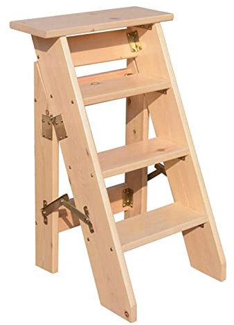 Pealihuy Holzleiter Hocker Multifunktions Faltbar 4 Stufen Dickes Holzbrett Heimbibliothek - Holzfarbe