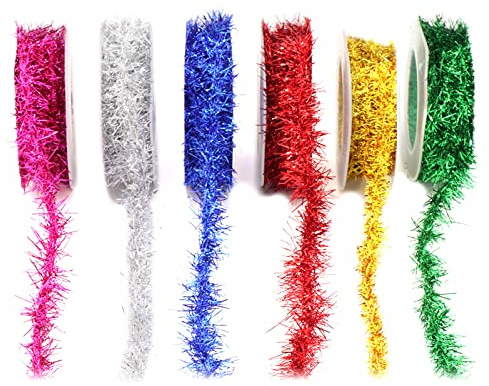 6 Roll Christmas Tinsel Wire Garland Strip Christmas Tree Decorative Props Wire Garland Ribbon DIY Crafts for Home or Party (6) Multi Color