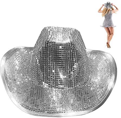 Gesuter Disco Kugel Cowboyhut, Disco- Pailletten Hut, Neon Glitzer Cowgirl Hüte, Glitzerhut, Cowboy Kappen Mit Verspiegelten Glasjuwelen, Netzakzenten Damen Sonnenhut Blinkender Blinky Partyhut
