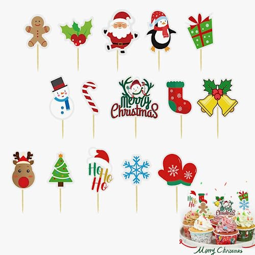 Weihnachten Cupcake Toppers,60 Stück Weihnachts Cupcake Dekorationen,Weihnachten Zahnstocher Toppers,Kuchen Tortendekoration Muffin Topper für Weihnachten Kuchen Dekorationen Party