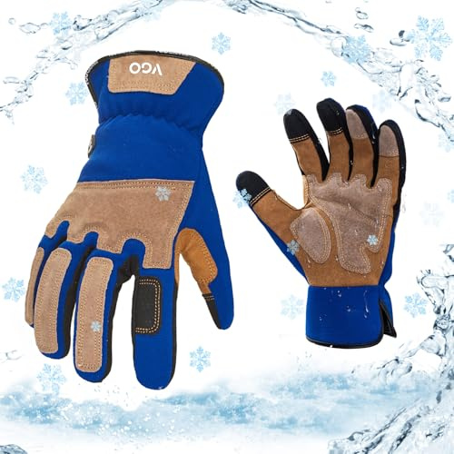Vgo... Guanti Lavoro Invernali Impermeabili, Guanti Termici Touchscreen con Palmo in Pelle Bovina Anti-abrasiva per Frigo Giardinaggio Legno Magazzino, 1 pair