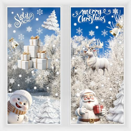 DERAYEE 8 Fogli Adesivi Finestre Natale 3D,Vetrofanie Natalizie Riutilizzabile,Sticker per Finestre PVC Rimovibile,Decorazione Babbo,Fiocchi di Neve,Renne,Campane