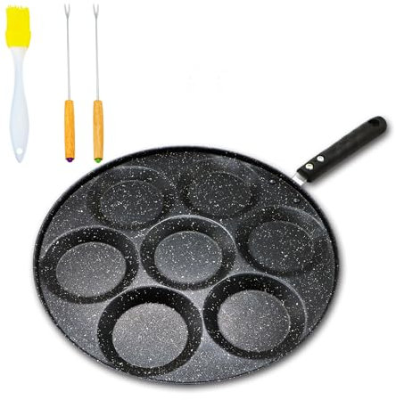 ICEBLUEOR 7 Holes Pancake Pan, Non Stick Pancake Maker Egg Frying Pan,Pancake Mould with Turn Sticks and Brush, Induction Baking Tray for Pancake, Crepe, Egg