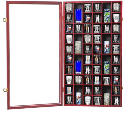 Shot Glass Display Case Large Wooden Cabinet Rack Holder Wall Mounted Mahogany Shadow Box Lockable with UV Protection Acrylic Glass Door Shot Glass Storage with Removable Shelves, 17x32, 52 Slots