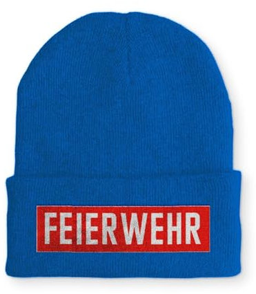 tshirtladen Strickmütze Feierwehr Wintermütze lustige Beanie mit Stick, Farbe: Blau