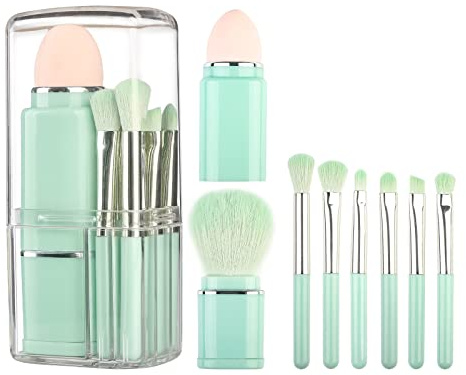 8 Piezas Set de Brochas de Maquillaje, portátil Pinceles de Maquillaje para polvos, colorete, correctores, ojos, viajes, brochas de maquillaje pequeñas multifuncionales con estuche (verde)
