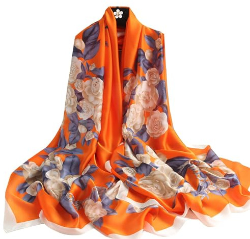 WEIGEER Foulard en soie femmes châle Écharpe en soie Silk Scarf Women Chiffon Shawl White Neckerchief Head Wrap Thin Scarf Beach Hijab Belt Vintage Bridal Shawl Binder (Orange-pivoine)