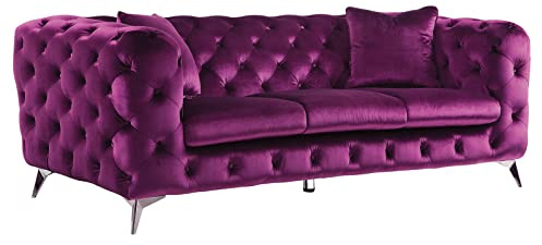 Luxury Classic Chesterfield Button Tufted Fabric Upholstered Armchair Loveseat Couch Furniture with Square Arms and Chrome Metal Legs for Home Office Living Room (Purple Loveseat) (Purple Couch)