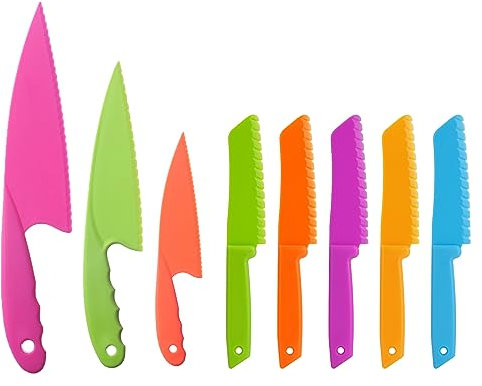 NANXJIUR 8PCS Kids Plastic Nylon Knife Set Children's Kitchen Knives Toddler Safety Cooking Knife Set Knives Serrated Edges Reusable Kids Knives with Crinkle Cutter, Fruit Cutters Shapes