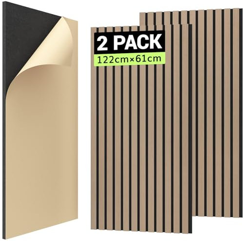 TONOR Akustikpaneele HOLZ Selbstklebend 1,488m²- 2 Stück je 122 x 61 x 2,1 cm, 3D Holzpaneele Wand Lamellenwand Schalldämmung, Interior Wall Decoration in Wood Look für Studio Büro, Braun