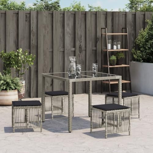 vidaXL Gartenhocker mit Kissen 4 STK., Hocker mit abnehmbarem waschbarem Bezug, Gartenstuhl mit Stahlrahmen, Sitzhocker Gartenmöbel, Hellgrau Poly Rattan