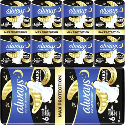 Pufai Damenbinden Night Extra Lang mit Flügeln BigPack Pads Binden (Größe 6) Damenbinden 14 STÜCK x 5 Packungen