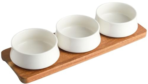 Dxcaicc 3 Packs Ceramic Chips and Dip Serving Platter with Wooden Tray, Mini Dipping Serving Saucers Bowls,Dipping Dishes for Condiments,Side Dishes,Dessert, Salsa,White