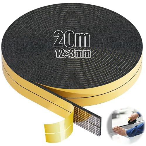 SWTYExt 20 m skumgummi självhäftande 12 mm (B) x 3 mm (D) Tätningstejp självhäftande skumremsor tätning självhäftande skumtejp svart skumgummi tätning för fönster dörr spishällar