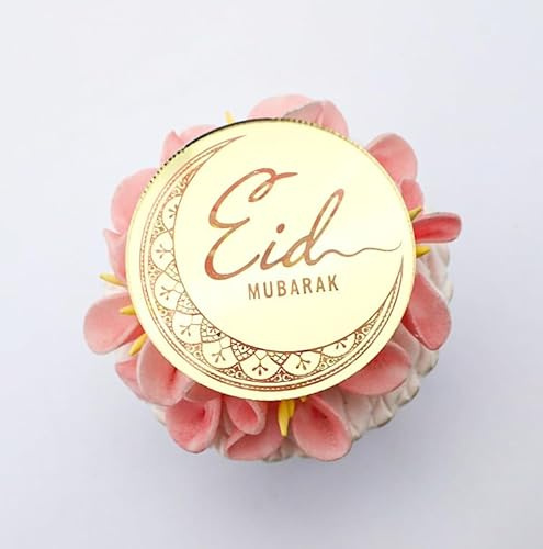 EID Mubarak Cupcake Toppers Engraved Discs - Iftar Party Cupcake Topper - Ramadan Kareem Cupcake Toppers - Acrylic Mirror Cake Toppers - Pack of 6