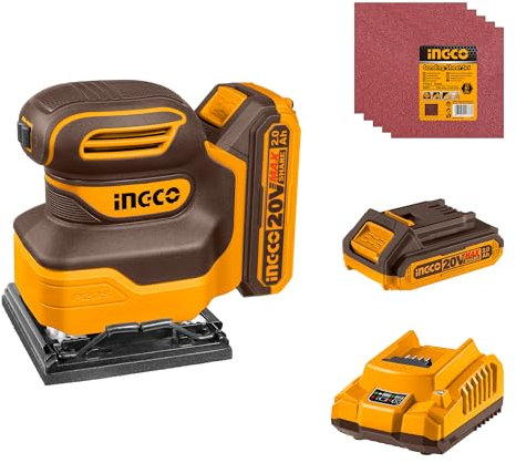 INGCO Ponceuse Vibrante Sans Fil 20V Ponceuse Multifonction Sans Fil Ponceuse À Main à Quart de Feuille Sans Fil 12000 tr/min avec 1 Batterie 2,0Ah et Chargeur CSHSLI20141