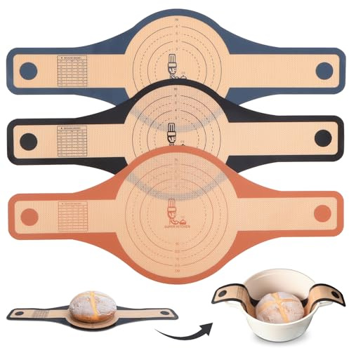 SUPER KITCHEN 3PCS 2-Storlekar Silikon Bröd Sling för Holländsk Ugn med Extra Breda och Långa Handtag, Non Stick Surdegs Sling Återanvändbar Bakmatta (Svart, Mörkgrå, Brun)