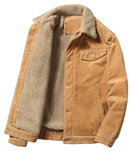 ANUFER Hommes Hiver Velours Côtelé Veste Doublé Sherpa Thermique Trucker Manteau SN0706223 Tan XL