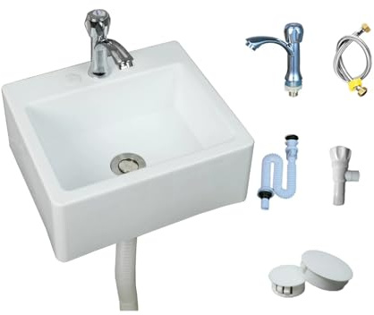 TYTFTDLD Weißes Kunststoff gebogenes quadratisches Waschbecken mit vier Ecken Badezimmer Waschbecken mit wandhängendem einschließlich Legierungshahn und Wasserrohr 33.5 * 29 * 13cm[kurz]