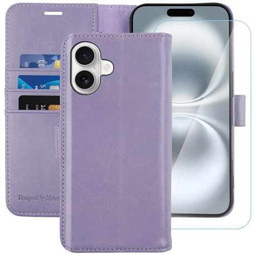 MONASAY Wallet Case for iPhone 16 with 3 Card Holders - Lavenders | With a Kickstand, RFID Blocking, 6.6 feet of shock absorption, PU Leather, Strong Magnetic Closure, Fits 6.1 inch ONLY