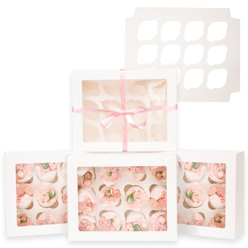 Gcardist Automatischer Popup 12 Cupcake-Boxen mit Fenster Weiße 12 Stück Cupcake-Boxen 33x25,4x9cm Bäckerei-Boxen für Cupcake-Träger, Cupcake-Behälter(13x10x3,5 inch)