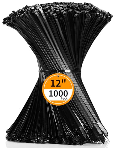Cable Zip Ties 12 inch Cehony 1000 Pack Black Cable Ties 300mm x 4.5mm Heavy Duty 50lbs Tensile Strength Nylon Plastic Zip Ties for Outdoor Multi-Purpose Self-Locking UV Resistant Wire Ties Wraps