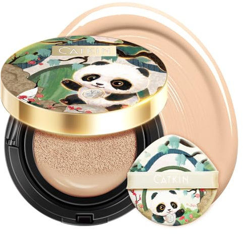 CATKIN Panda Land Fondotinta in Polvere Compatto Copertura Completa, Formula Nutriente e Tenuta 24H,con Acido ialuronico, Per Pelli Sensibili, Finish Satin,15g*2 (W12 Golden Medium)