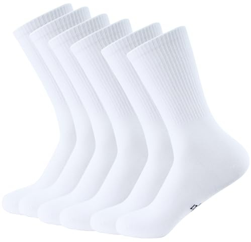 Balseti Calcetines Media Caña Deporte Hombre, Mujer. Calcetines Finos Verano para Trabajo. 85% Algodón. Pack 6 Pares Deportivos, Casuales, Transpirables para Chico, Chica. Talla 43-47, Blanco