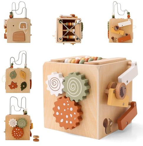 WOODEN TEETHER Montessori Motorikwürfel holzspielzeug Montessori Spielzeug 6 in 1（Naturholzfarbe Aktivitätswürfel）