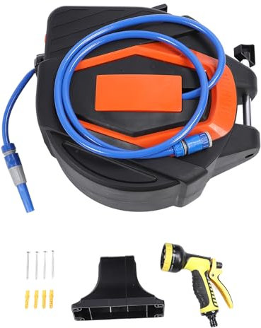 Wall Mounted Water Hose Reel with 10 Pattern Nozzles 1/2 Inch ID 180° Swivel Bracket Automatic Rewind Any Length Lock Retractable Garden Hose Reel