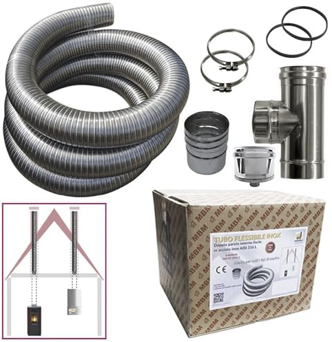 Kit tubo acciaio inox 316 flessibile 5 mt diametro 80 mm interno liscio a norma CE EN 1856 2 canna fumaria
