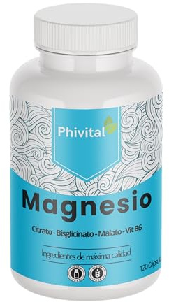 Phivital Magnesio de alta absorción Bisglicinato, citrato y malato + vitamina B6 120 cápsulas Reduce el cansancio y la fatiga Sin gluten, sin lactosa,