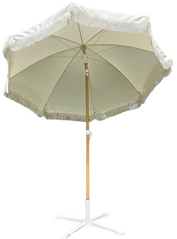 XUQQU Quasten-Gartenschirm Im Freien, 2,0 M Strandschirm Im Boho-Stil, Tragbarer Terrassenschirm, Sonnenschirm Mit Neigefunktion Und Standfuß, Für Pool, Camping, Markt, Terrasse