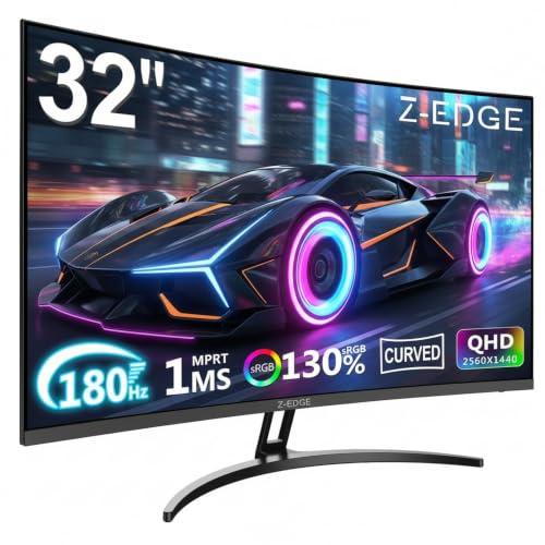 Z-Edge 32 Inch QHD Curved Gaming Monitor 180Hz 1440P VA 1500R DP HDMI Black | 2560x1440 PC Monitor 2K 16:9, 1ms MPRT, 130% sRGB, 280cd/m² Brightness, Ultra-Thin Bezel, FreeSync, Crosshair, VESA Mountable