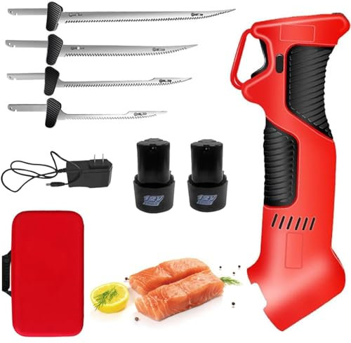 Couteau à fileter électrique for poisson, couteau de pêche rechargeable sans fil avec 4 lames en acier inoxydable,poignée antidérapante et verrouillage sécurisé,2 piles, boîte de rangement,for fileter
