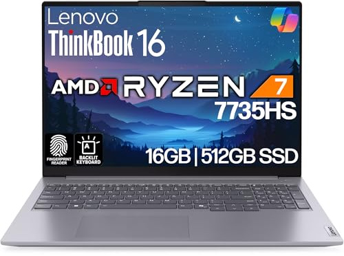Lenovo ThinkBook 16 G7 Business Laptop, 16 FHD+, AMD Ryzen 7 7735HS, 16 GB DDR5, 512 GB NVMe, WiFi 6E + BT, KB retroilluminato, impronte digitali, webcam HD, Win 11 Pro