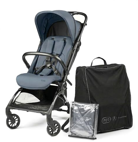 PEG Passeggino Leggero Volo con Parapioggia, per Aereo, Compatto, Omologato per Cappelliera, Misure Bagaglio a Mano, Adatto dalla Nascita fino a 22 kg, Include Borsa da Viaggio, Blue Cameo