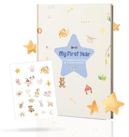 Mein erstes Jahr Baby Erinnerungsbuch - A4 Tagebuch & Erinnerungsalbum mit Stern-Design, inklusive 20 Aufklebern, ideal für Geburt, Taufe & Babyparty