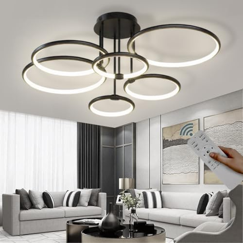 DTSDWA Ø96cm LED Große Deckenleuchte Schwarzer 6 Ring Deckenlampe Mit Fernbedienung 120W Wohnzimmerleuchte, Stufenlos Dimmbar 3000–6000K, Kreative Kronleuchter für Schlafzimmer Küche Esszimmer Lampe
