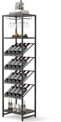 GOPLUS Estantería para Vino Independiente con 16 Botellas, Botellero con 2 Filas de Portavasos y 3 Estantes Abiertos, Dispositivo Antivuelco, para Cocina, Bar, Comedor, 45 x 35 x 171 cm