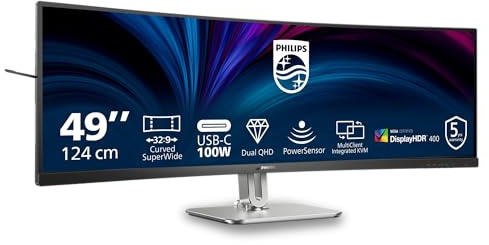 Philips 49B2U5900C 49 tum DQHD-skärm böjd, 75Hz, RJ45, VA-panel, 4ms GtG, anpassningsbar synkronisering, HDR400, höjdjustering, högtalare, (5120 x 1440 HDMI 2x 2.0 DP USB-hubb) mörkgrå