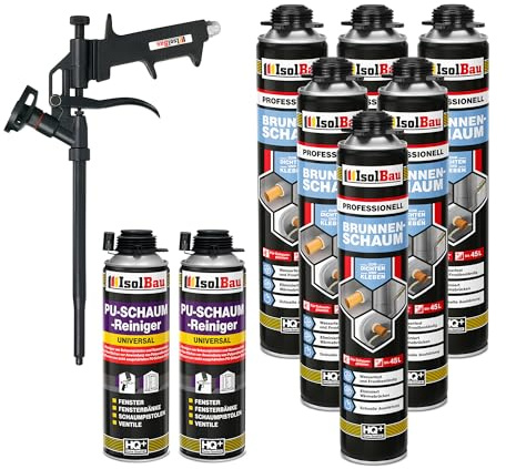 Isolbau - Brunnenschaum 1K Bauschaum Wasserdicht Aussen und Innen - 6 x Montageschaum 750 ml, 2 x PU-Schaum-Reiniger & 1 x Schaumpistole - PU-Schaum - Pistolenschaum Dämmschaum Isolierschaum