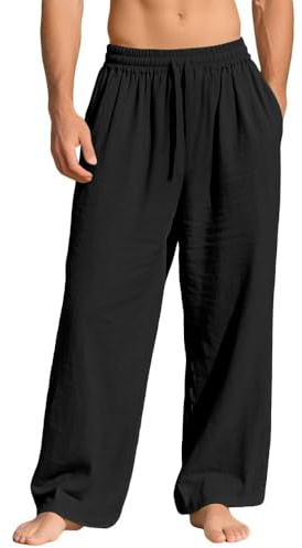 Bsrpolry - Pantalones para hombre con bolsillos, pantalones casuales de algodón, pantalones holgados de pierna ancha para estar en casa, L