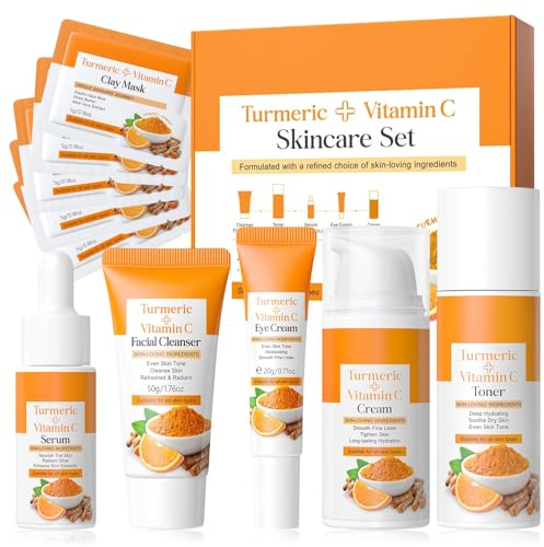 Kit de Skincare Facial con Cúrcuma y Vitamina C, Set de Regalo para Mujer con Limpiador, Tónico, Sérum, Contorno de Ojos, Crema Hidratante, Mascarillas de Arcilla para Todo Tipo de Piel
