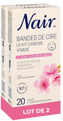 Nair Kit Caresse - Cire Froide Visage - Fleur de cerisier - 2x20 bandes | Avec 4 soins finition douceur - Épilation visage en douceur - Résultat professionnel & longue durée - Peau douce et nette