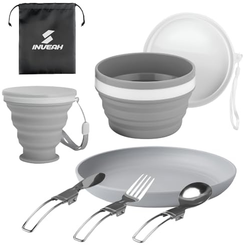 INVEAH Camping Plates and Bowls Set - 7 Pcs Foldable Travel Cutlery Utensils for Picnic Outdoor - Camping Mess Kit Include Stainless Steel Knife, Spoon, Fork Cutlery Set, Cup, Bowl, Plate with Bag