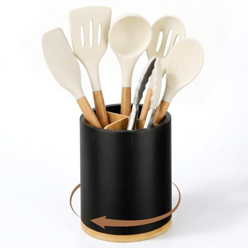Voency Kitchen Utensil Holder, 360° Rotating Utensil Holder, Large Utensil Jar, Cutlery Spoon Storage Pot Kitchen Countertop Utensils Organiser for Kitchen Utensils, Cutlery Caddy, Spoons & Spatulas