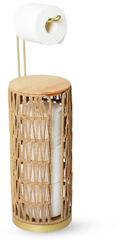 Free Standing Toilet Roll Holder with Shelf, Bathroom Toilet Paper Holder, Woven Rattan Toilet Tissue Holder, Gold Toilet Roll Stand Storage Dispenser Holds 4 Paper Rolls, Boho Bathroom Accessories