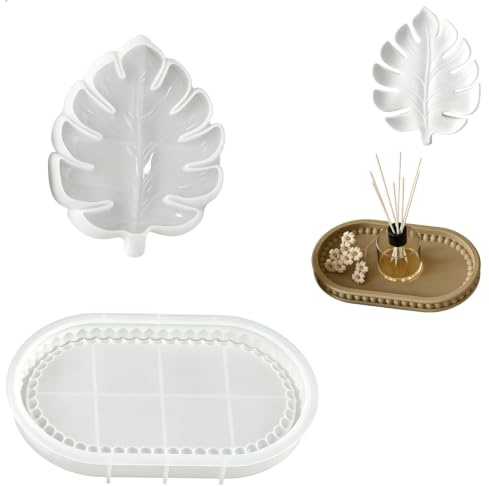 luopeidian Stampo Silicone Vassoio, Stampi Resina, Set 2 Pezzi Stampo Vassoio Foglia Monstera e Ovale con Bordo Perline per Gesso Cemento, Stampos Silicone per Gesso Fai da Te Decorazioni Casa
